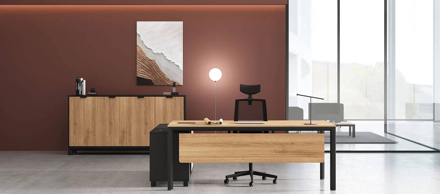 management desk M111 میز مدیریت پایه فلزی ال دار